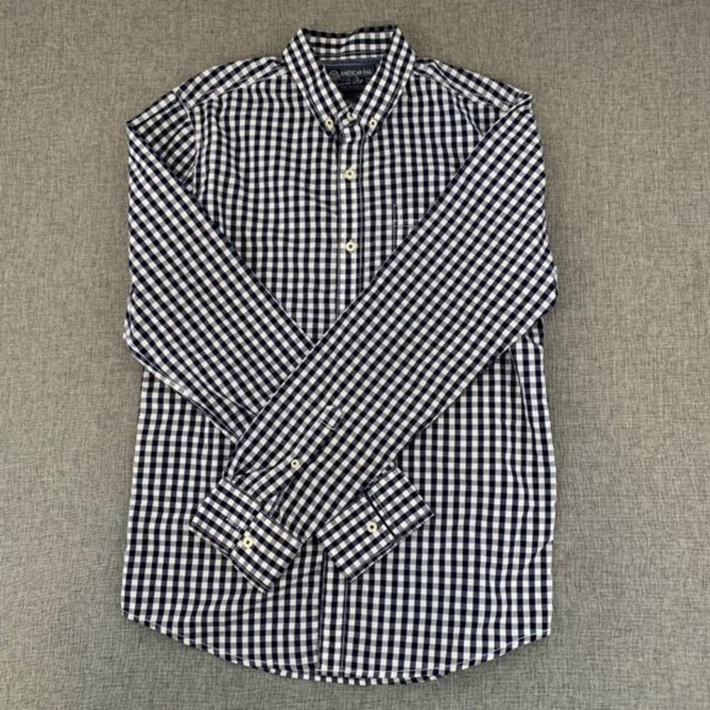 Men's American Rag Plaid Button Down Shirt Small Navy Blue Long Sleeve Cotton